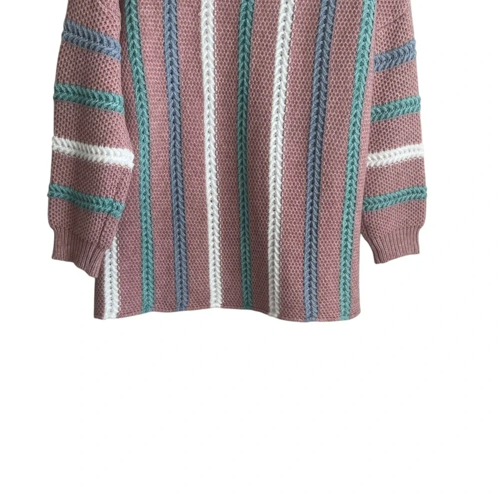 Davi & Dani Women Cozy Tunic Sweater Large Rose Striped Chunky Knit Boutique‎
